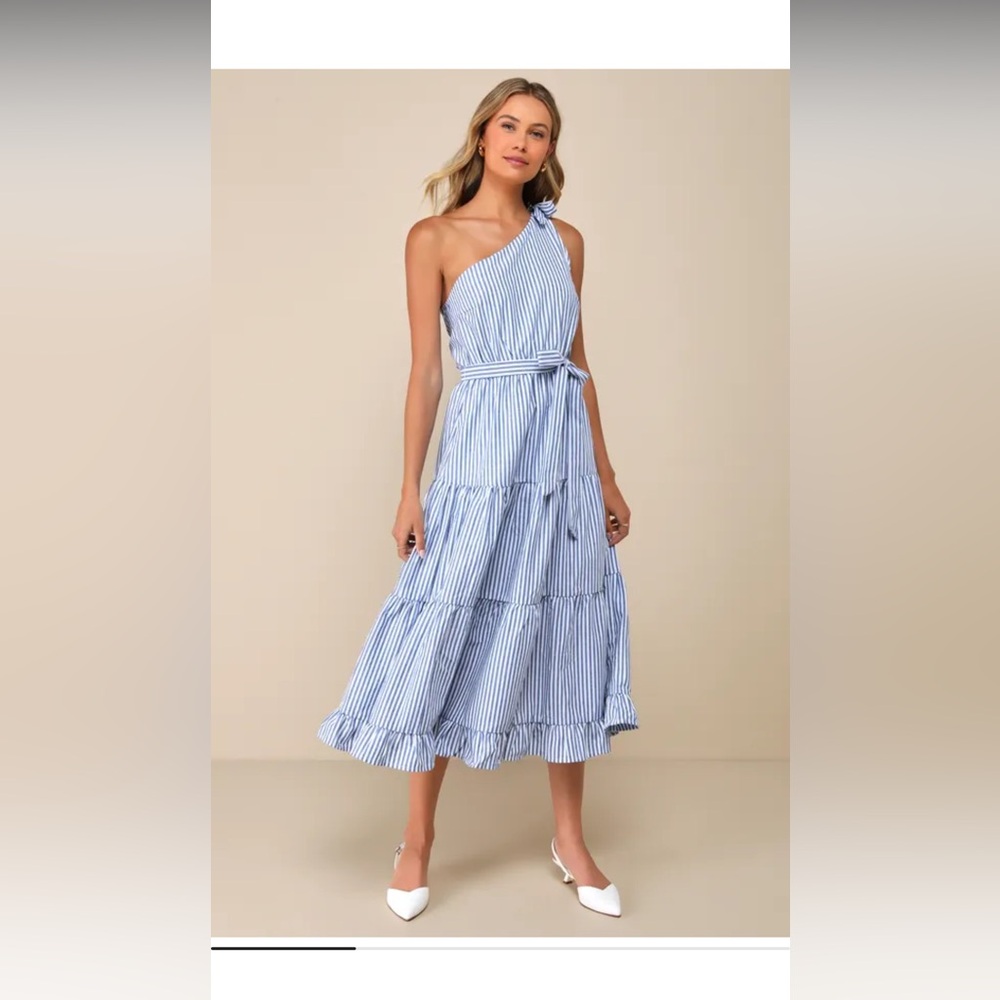 Lulus one-shoulder beachy blue and white striped dress, size S, NWT